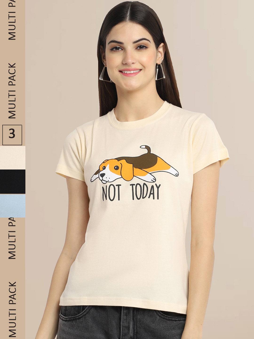 

Fabflee Pack Of 3 Women Typography Printed Cotton T-shirts, Beige