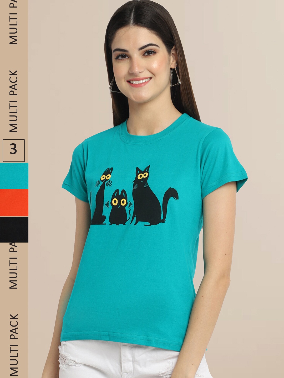 

Fabflee Pack Of 3 Women Typography Printed Cotton T-shirts, Turquoise blue
