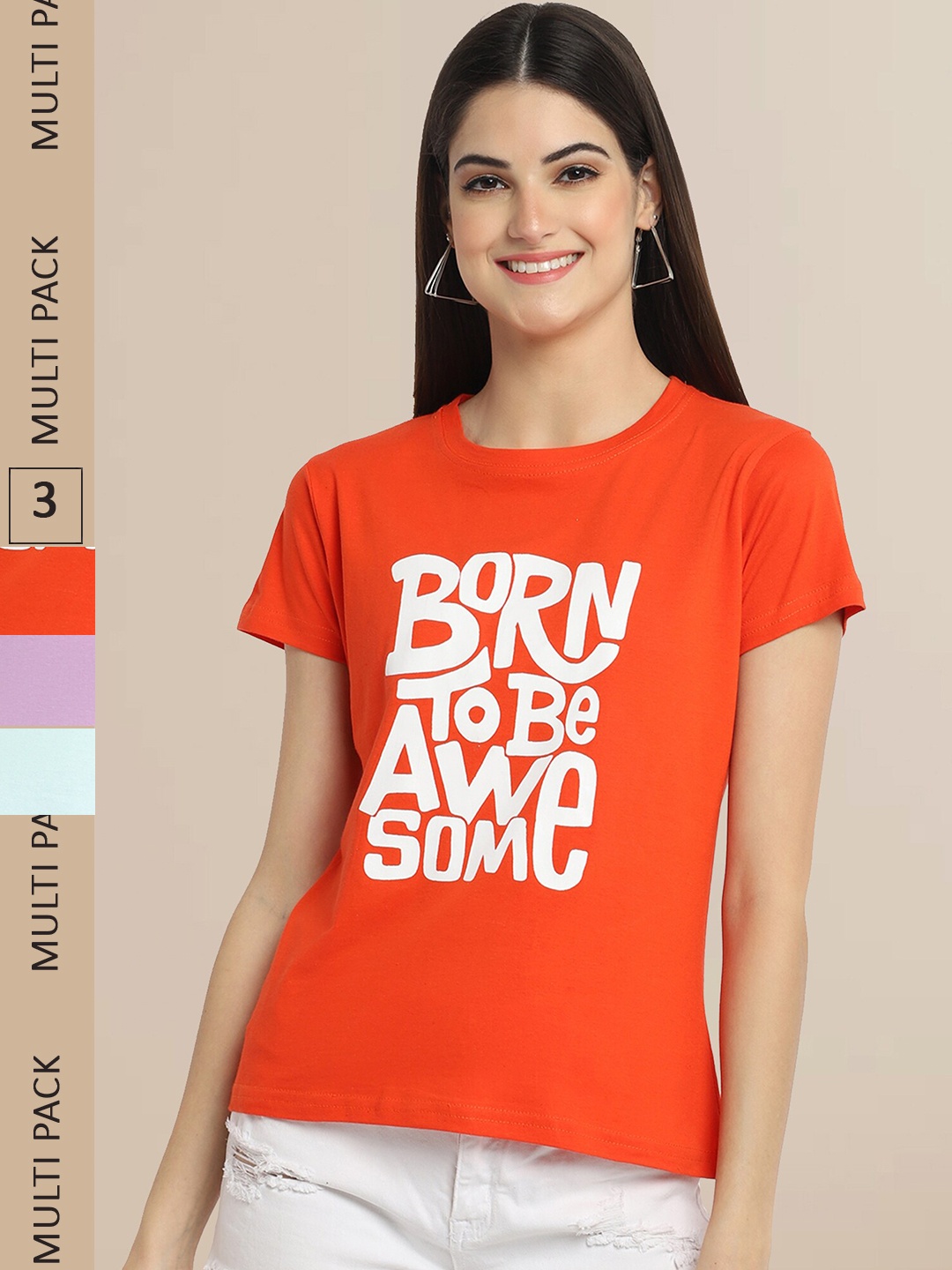 

Fabflee Pack Of 3 Women Typography Printed Cotton T-shirts, Orange
