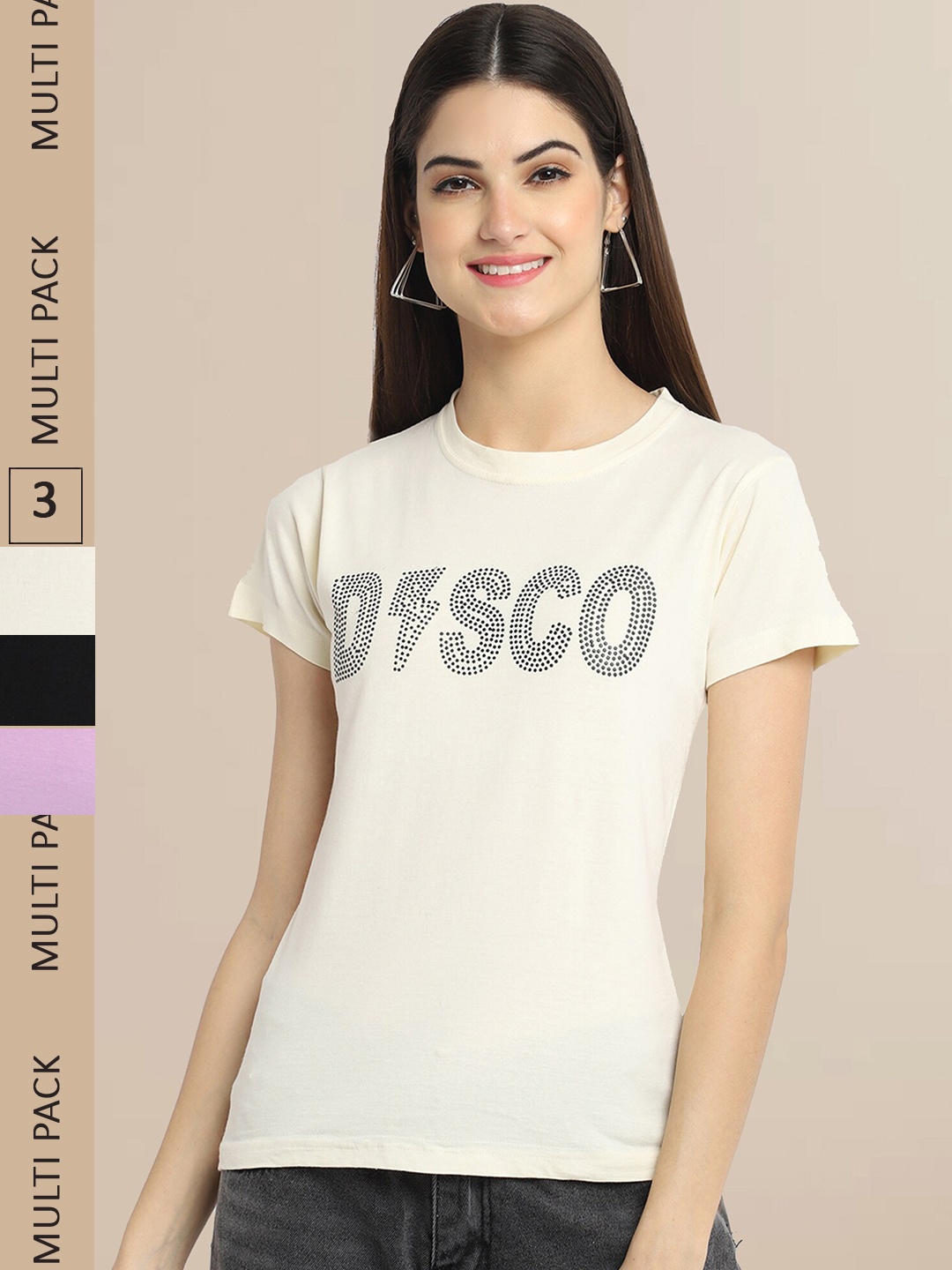 

Fabflee Pack Of 3 Women Typography Printed Cotton T-shirts, Beige