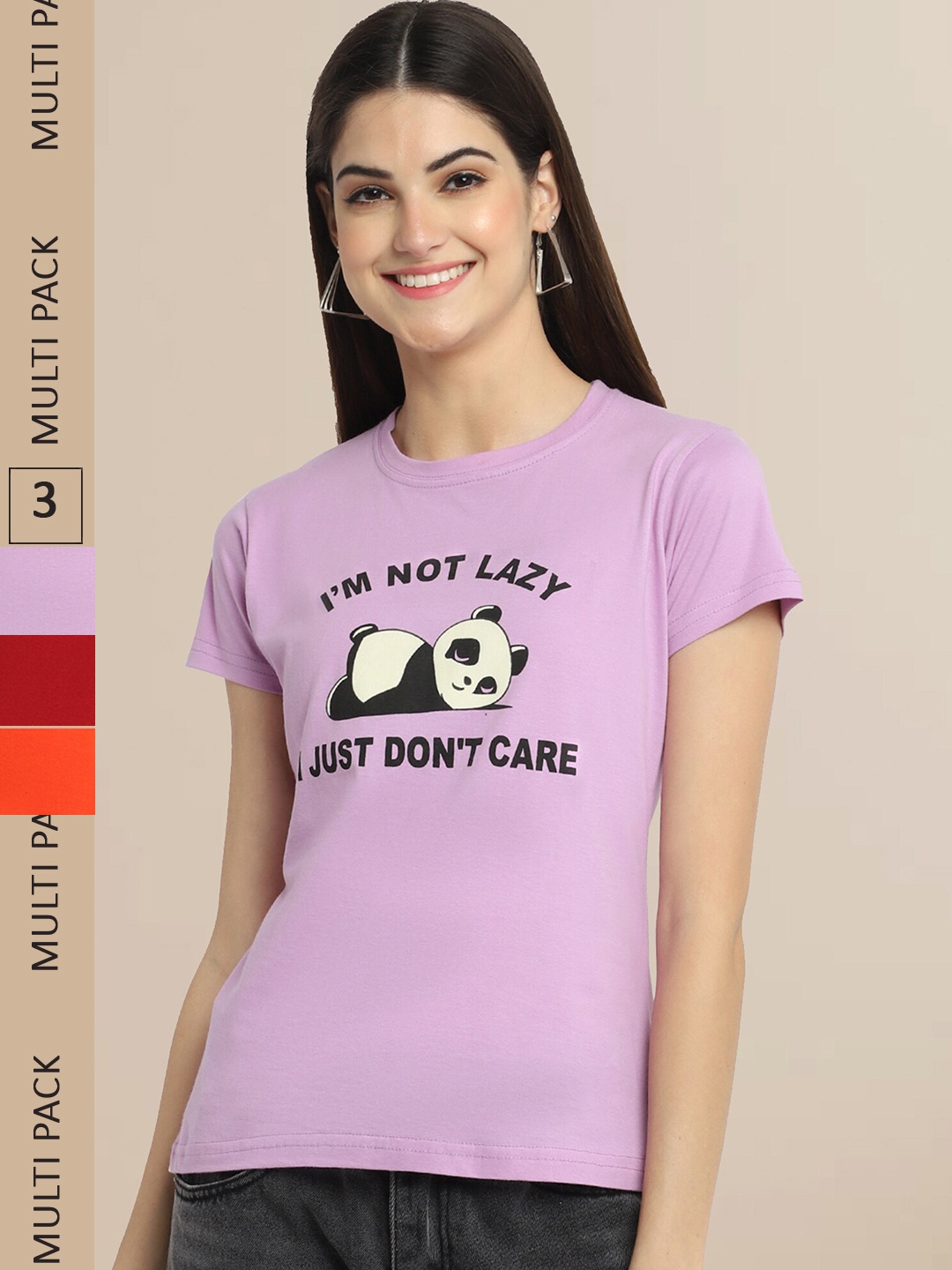 

Fabflee Pack Of 3 Women Typography Printed Cotton T-shirts, Violet
