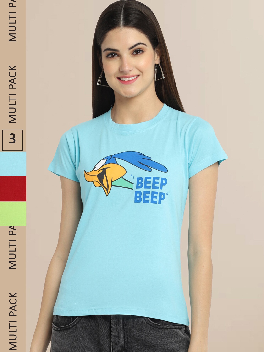 

Fabflee Pack Of 3 Women Typography Printed Cotton T-shirt, Blue