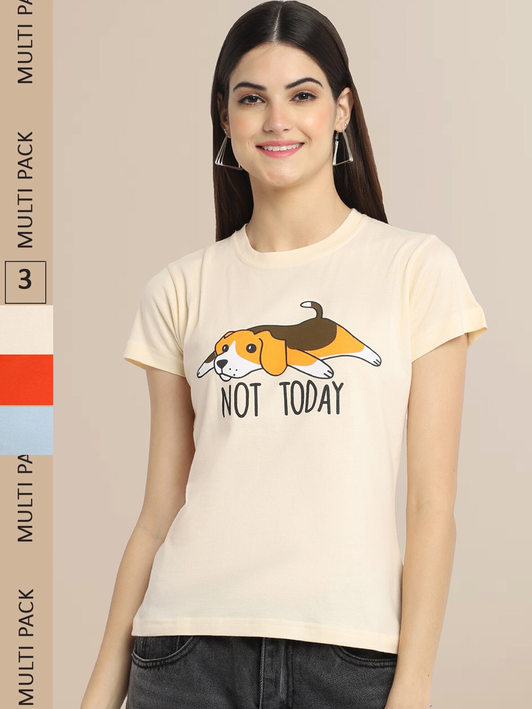 

Fabflee Pack Of 3 Women Typography Printed Cotton T-shirts, Beige