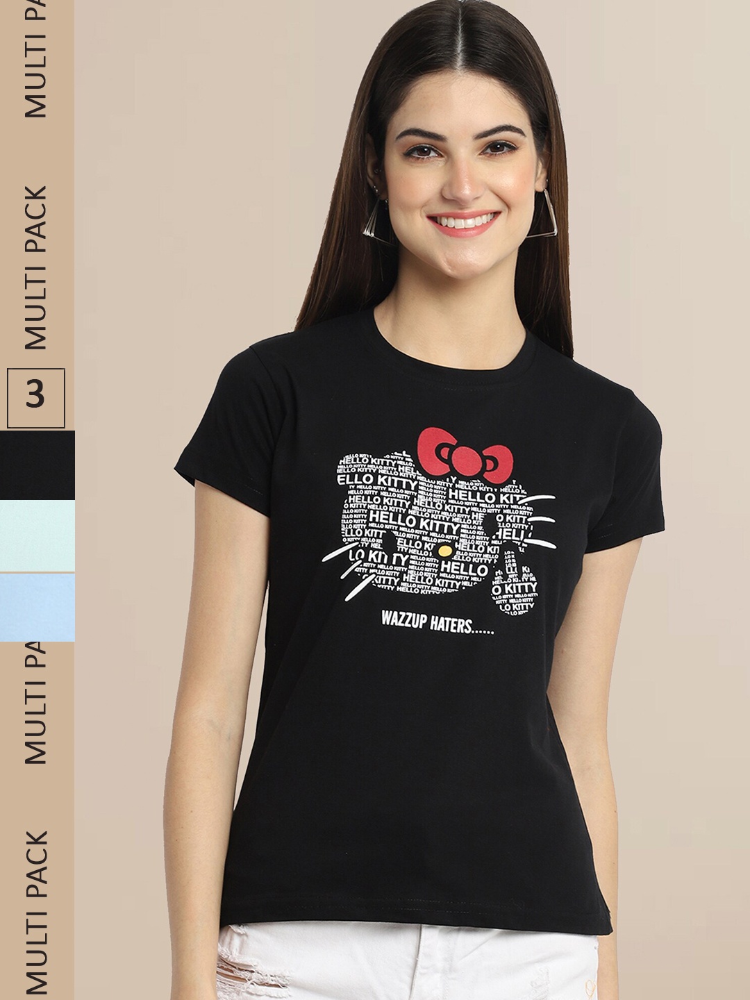 

Fabflee Pack Of 3 Women Typography Printed Cotton T-shirts, Black