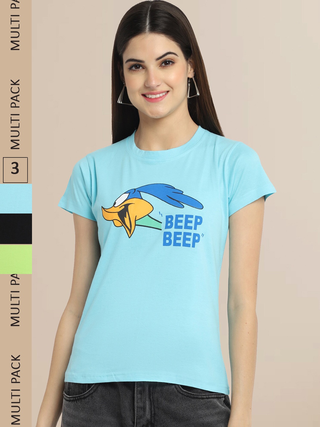 

Fabflee Pack Of 3 Women Typography Printed Cotton T-shirt, Turquoise blue
