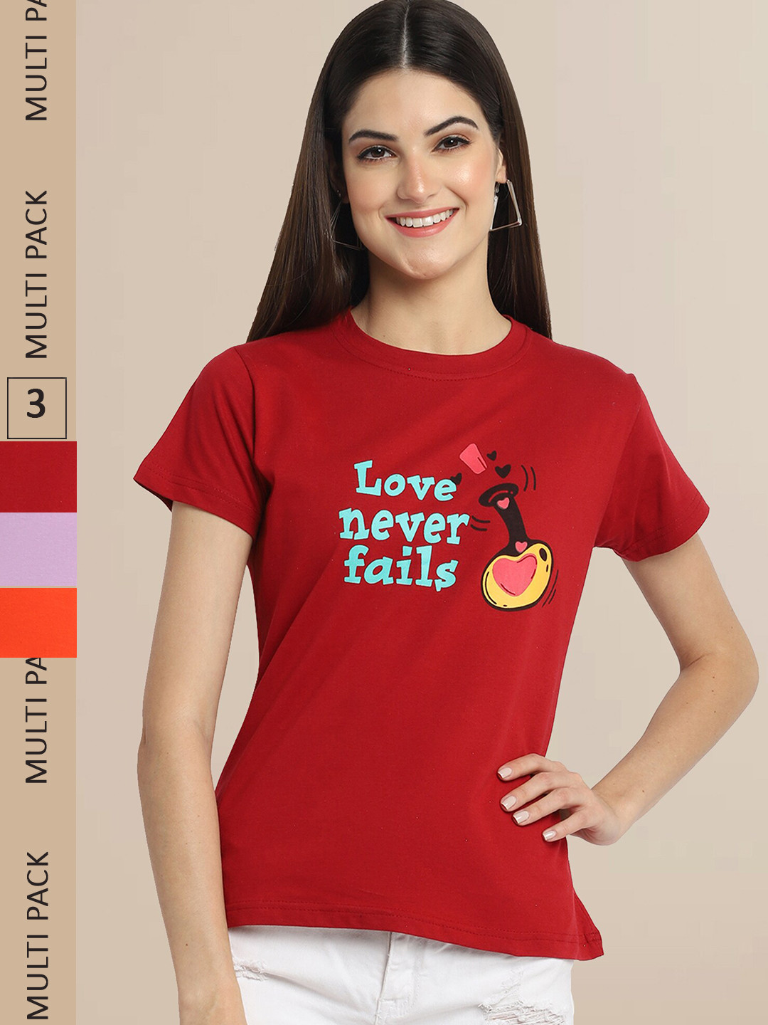 

Fabflee Pack Of 3 Women Typography Printed Cotton T-shirts, Red