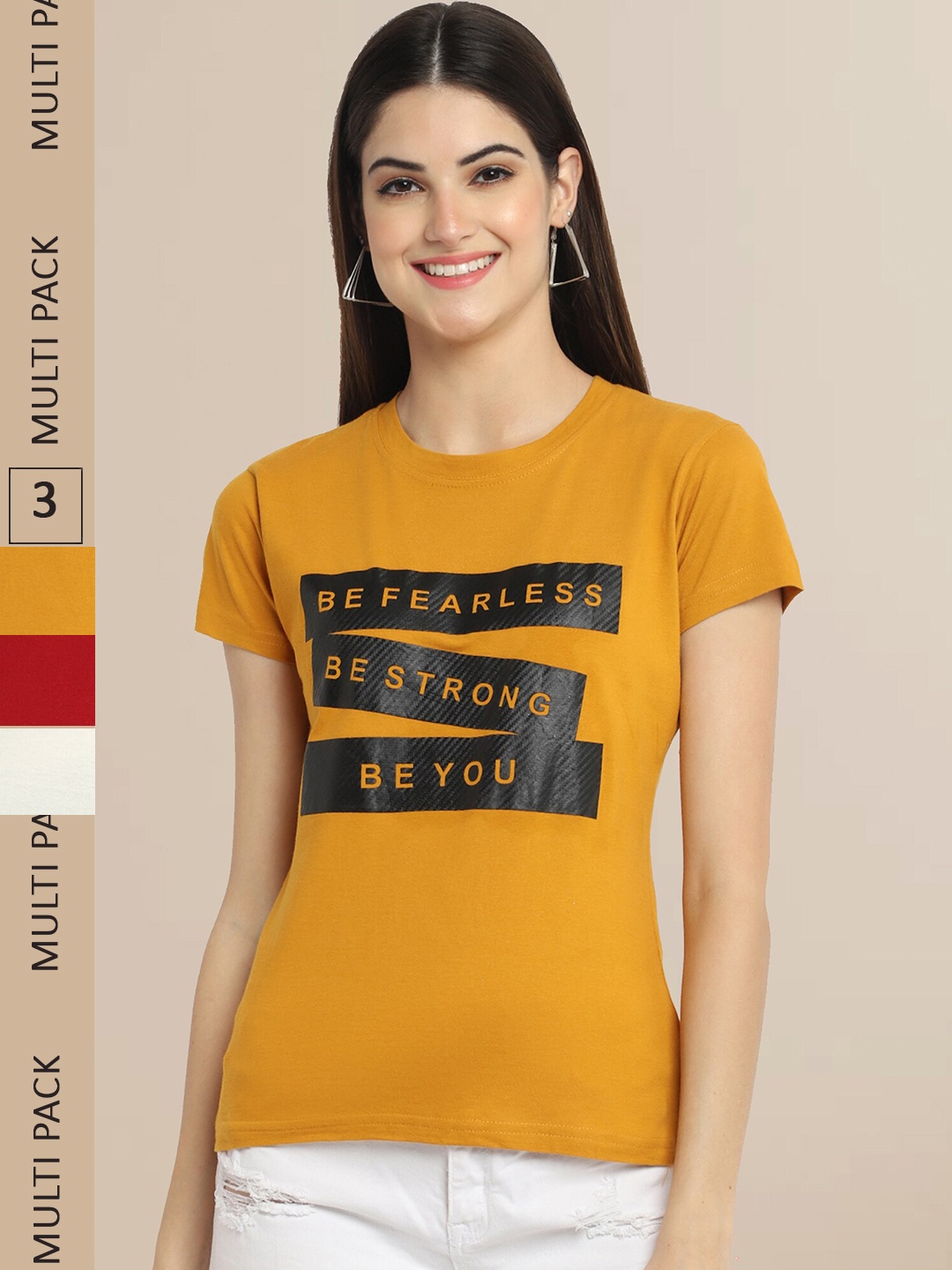 

Fabflee Pack Of 3 Women Typography Printed Cotton T-shirts, Mustard