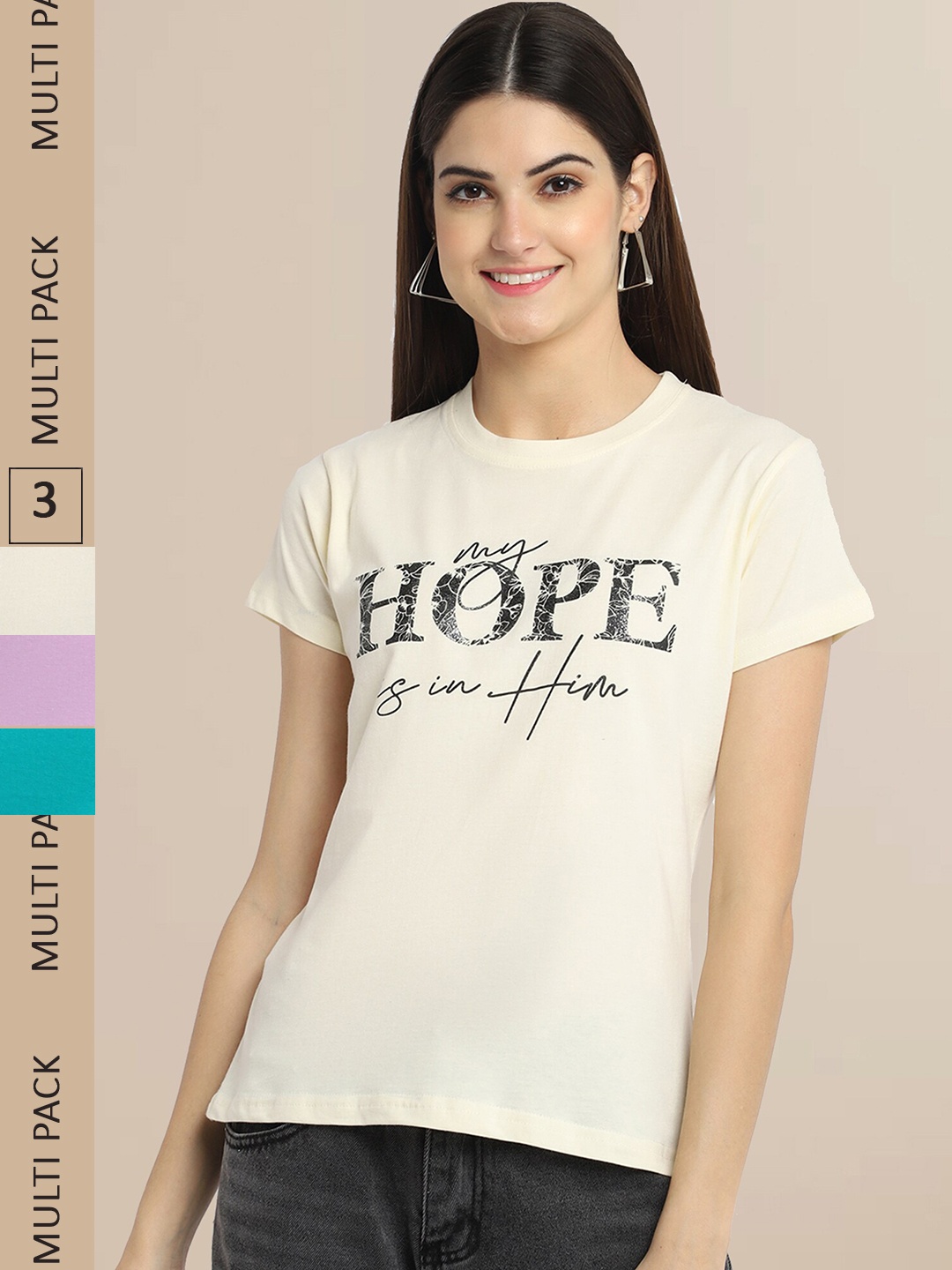 

Fabflee Pack Of 3 Women Typography Printed Cotton T-shirts, Beige