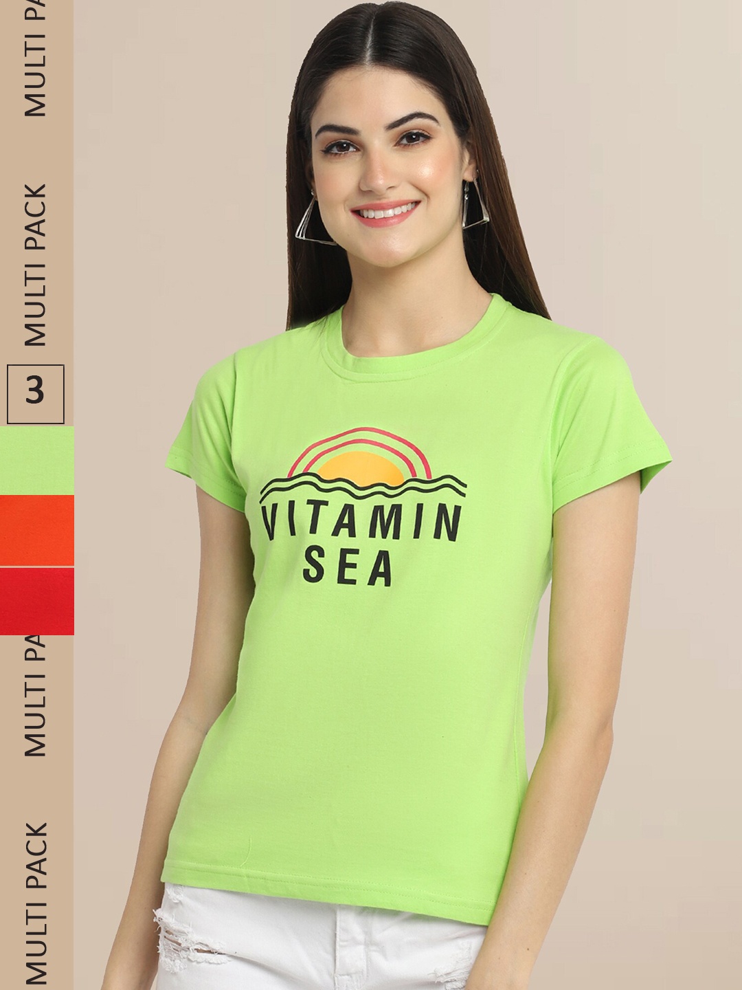 

Fabflee Pack Of 3 Women Typography Printed Cotton T-shirts, Lime green
