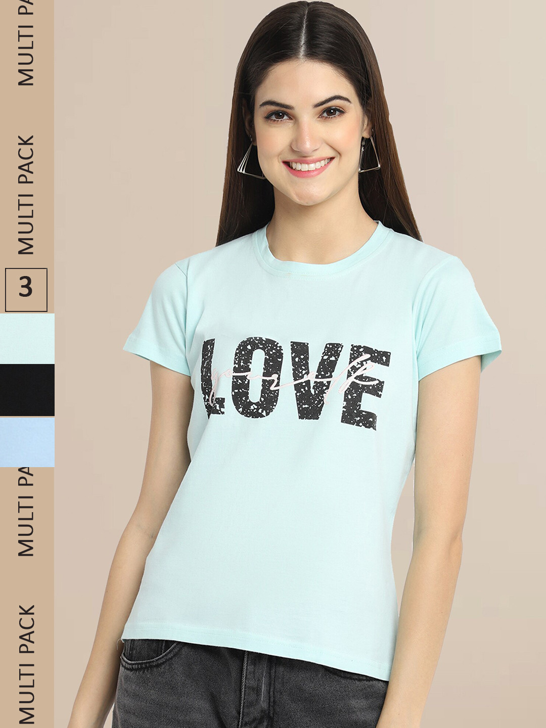 

Fabflee Pack Of 3 Women Typography Printed Cotton T-shirts, Sea green