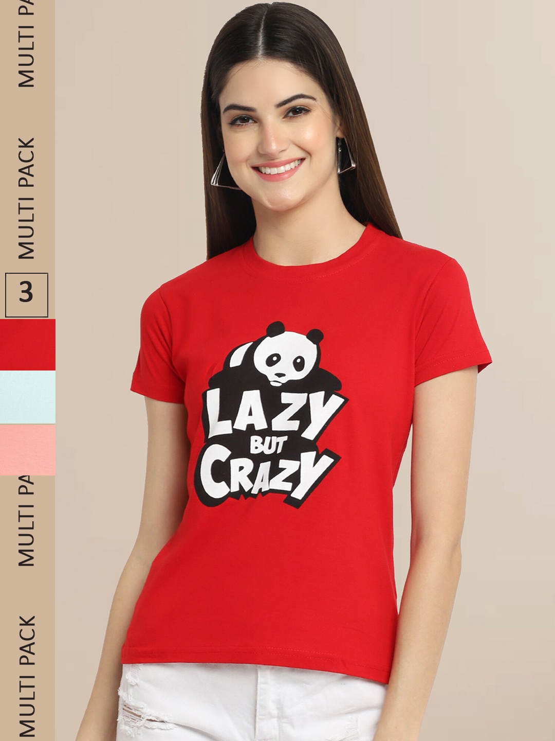 Fabflee Pack Of 3 Women Typography Printed Cotton T-shirts, Red