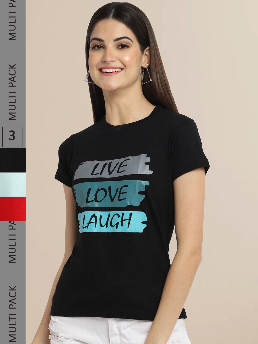 

Fabflee Pack Of 3 Women Typography Printed Cotton T-shirts, Black