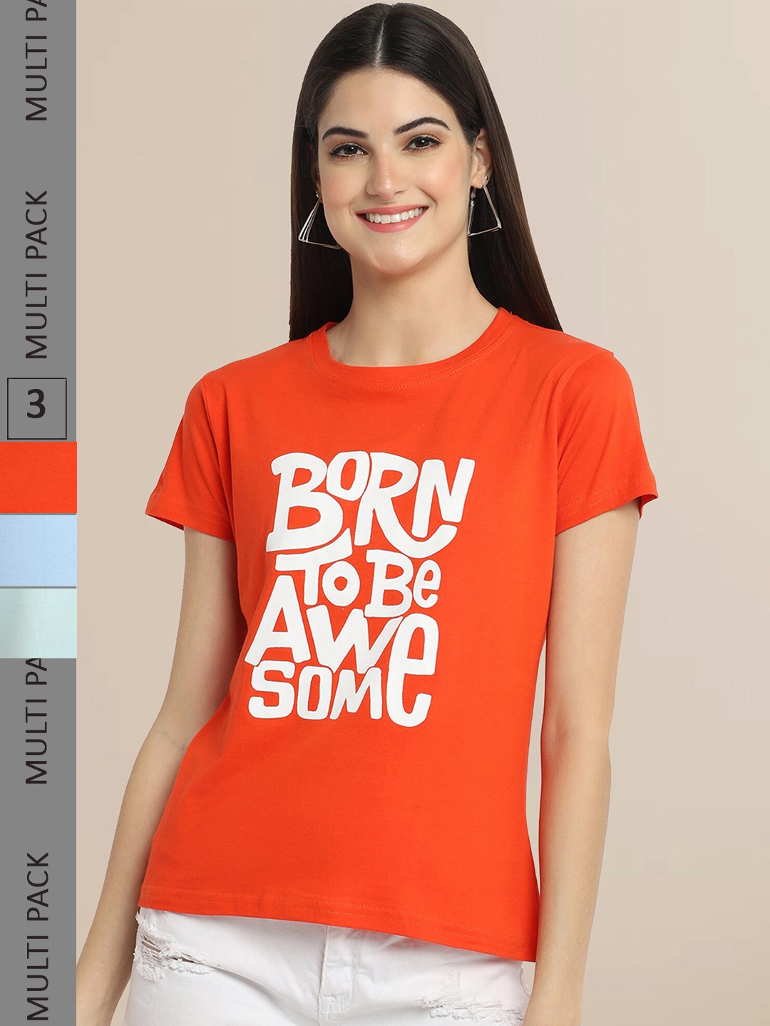 

Fabflee Pack Of 3 Women Typography Printed Cotton T-shirts, Orange
