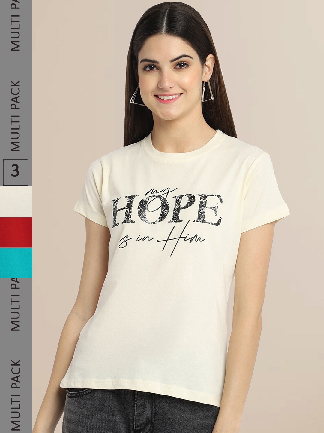 Fabflee Pack Of 3 Women Typography Printed Cotton T-shirts, Beige