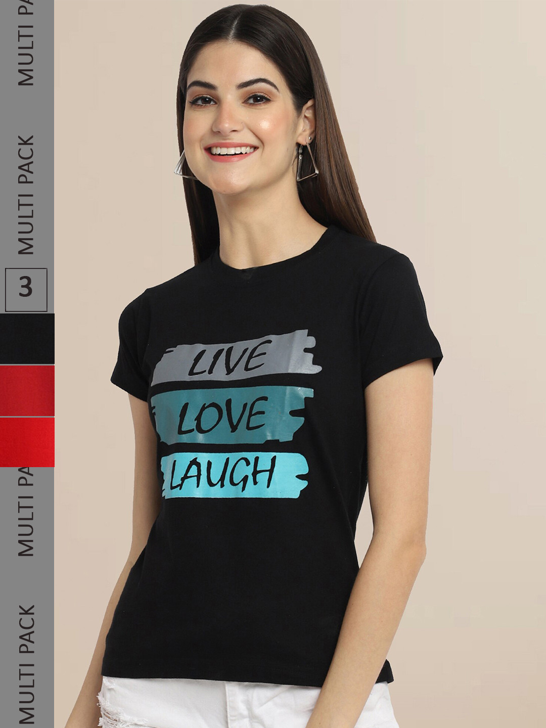 Fabflee Pack Of 3 Women Typography Printed Cotton T-shirts, Black