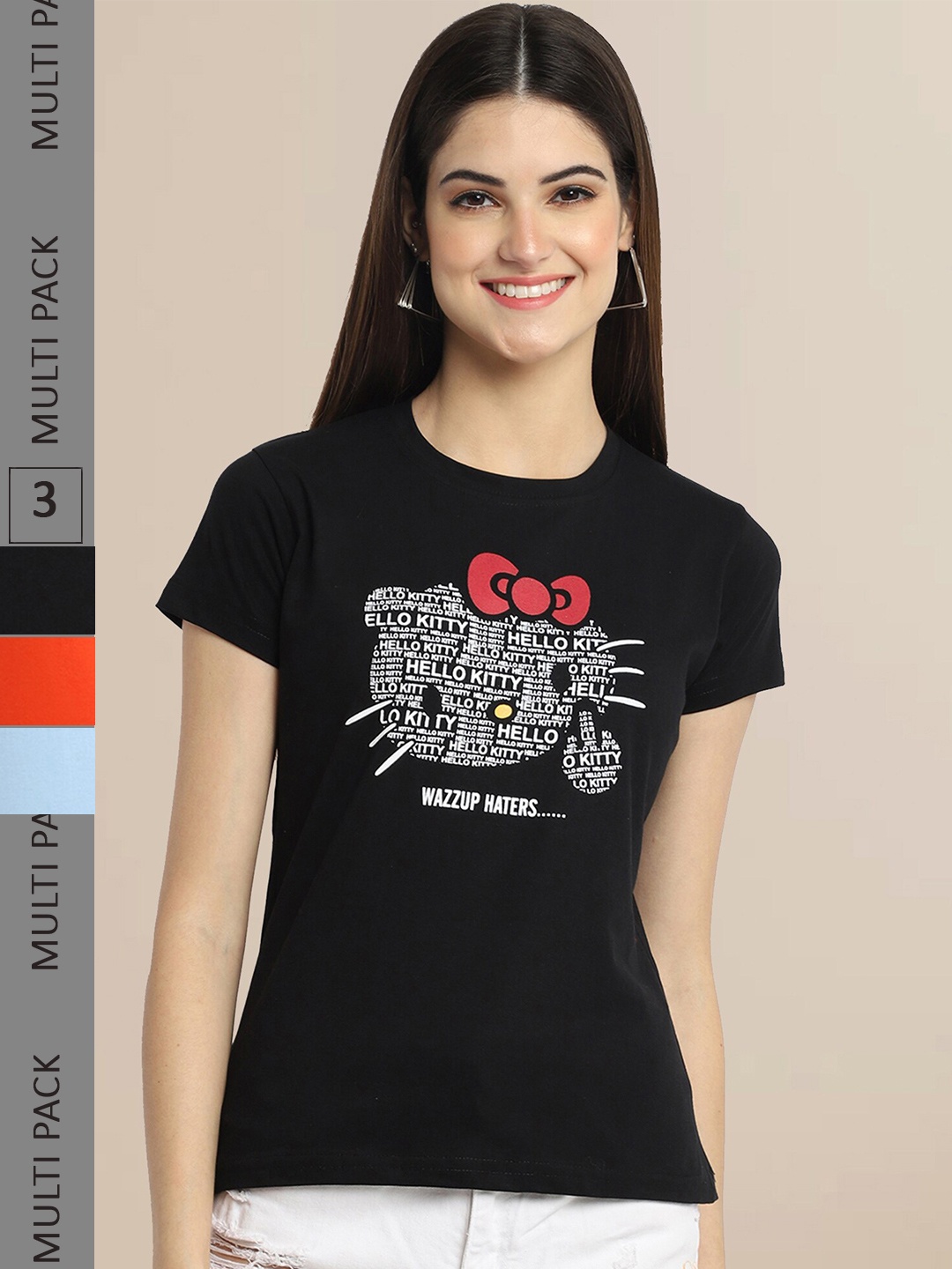 Fabflee Pack Of 3 Women Typography Printed Cotton T-shirts, Black