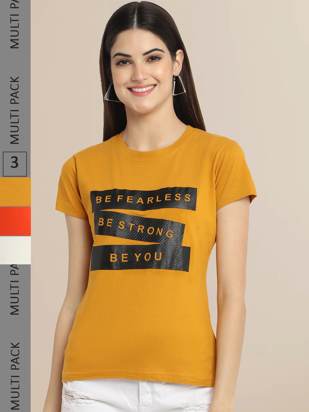 

Fabflee Pack Of 3 Women Typography Printed Cotton T-shirts, Mustard