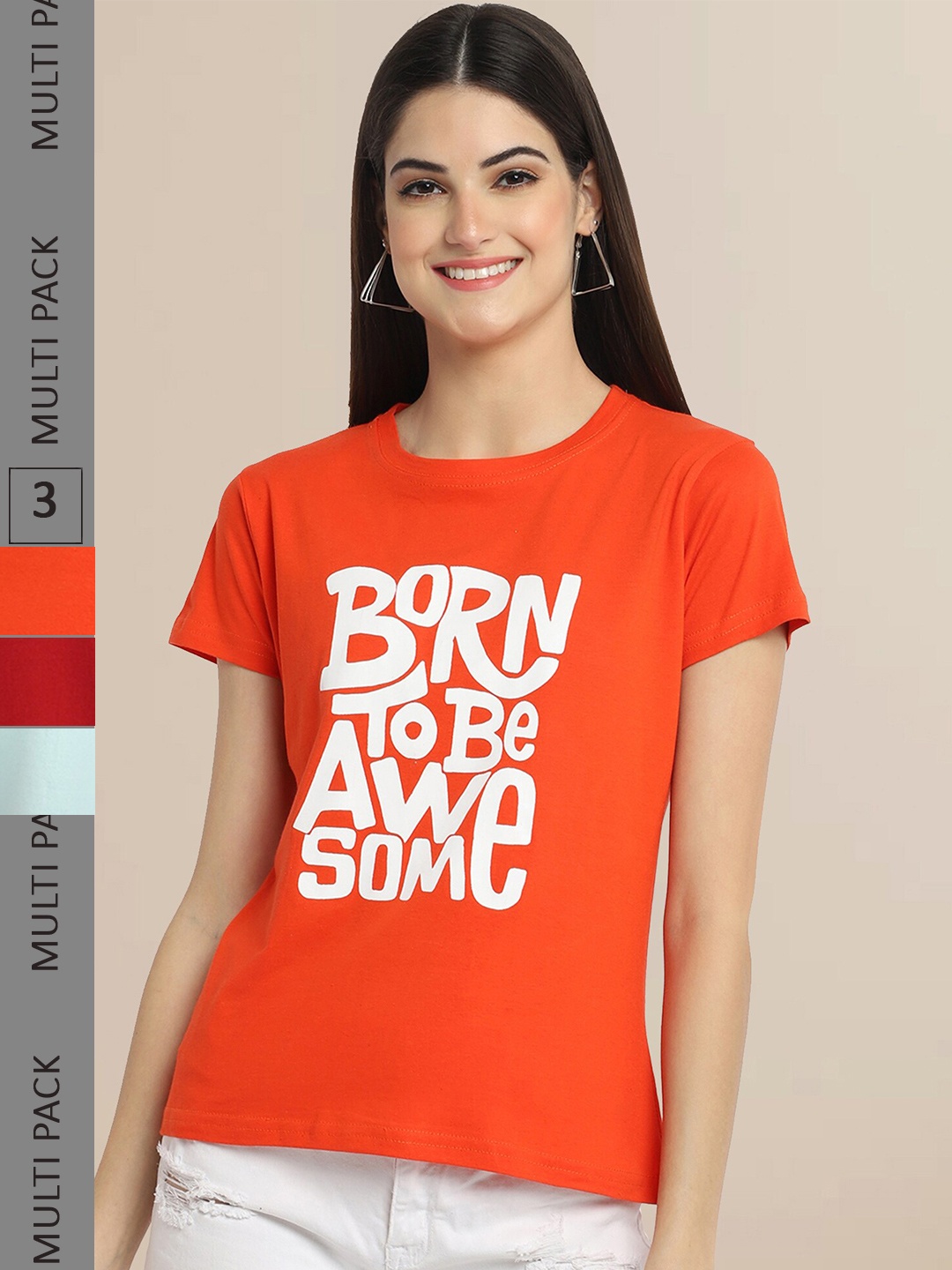 

Fabflee Pack Of 3 Women Typography Printed Cotton T-shirts, Orange