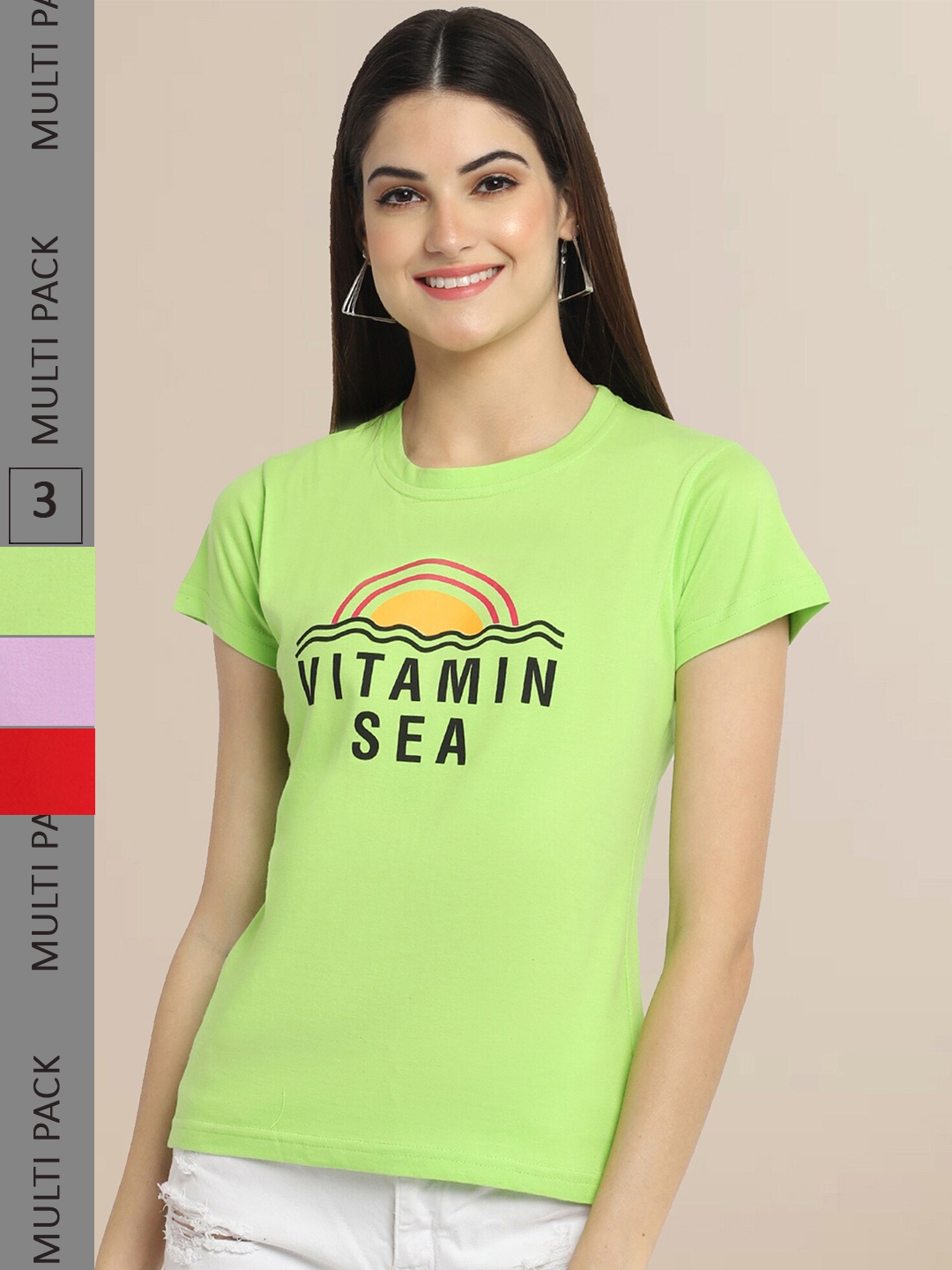 Fabflee Pack Of 3 Women Lime Typography Printed Cotton T-shirts, Lime green