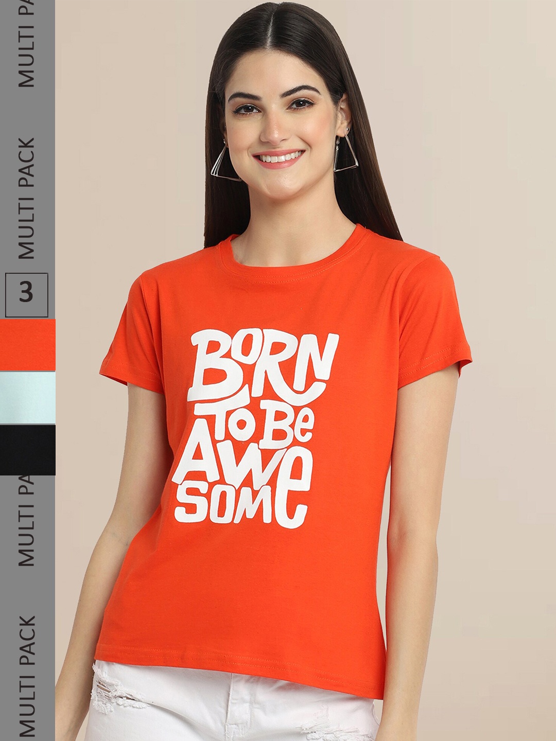 Fabflee Pack Of 3 Women Typography Printed Cotton T-shirts, Orange