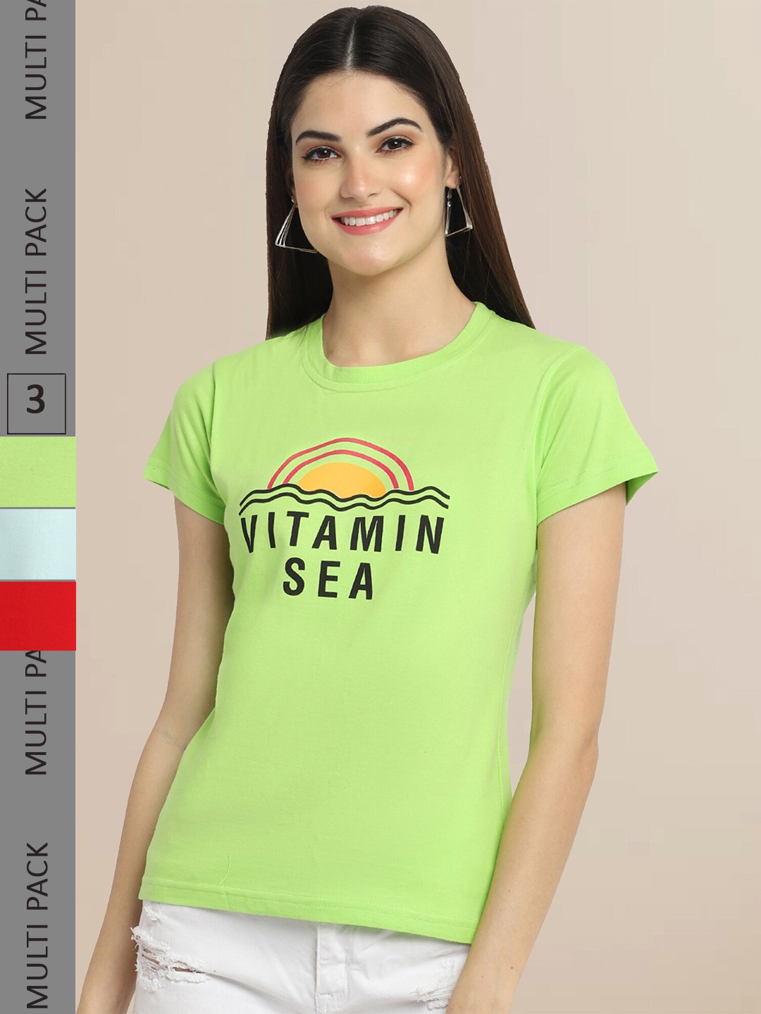 

Fabflee Pack Of 3 Women Typography Printed Cotton T-shirts, Lime green
