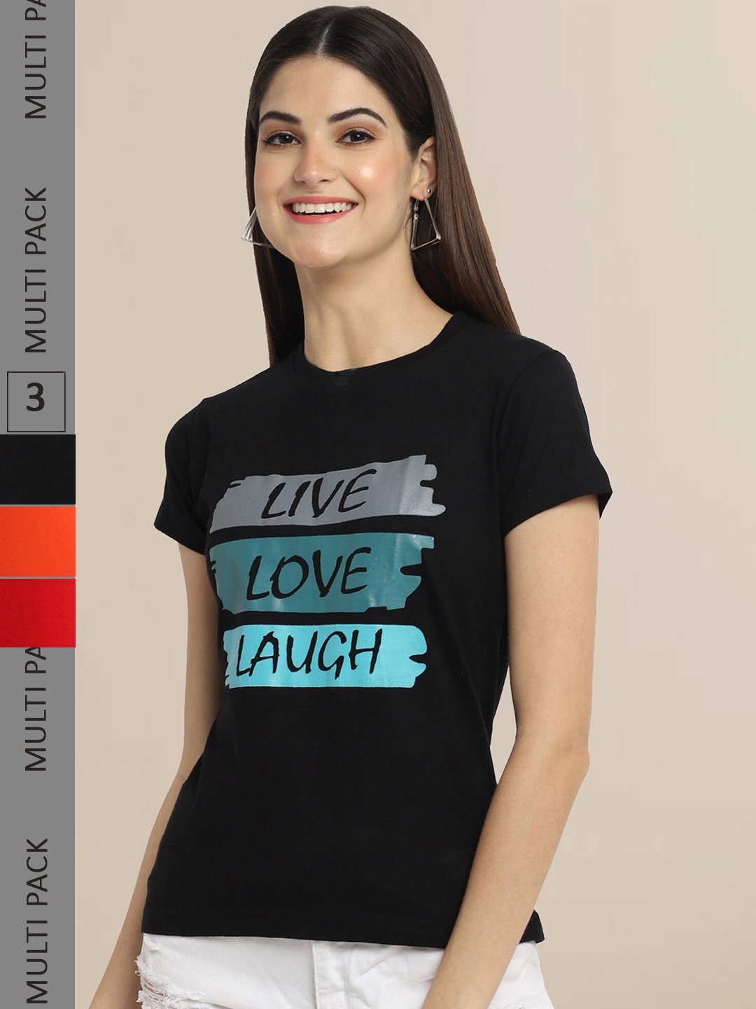 Fabflee Pack Of 3 Women Typography Printed Cotton T-shirts, Black