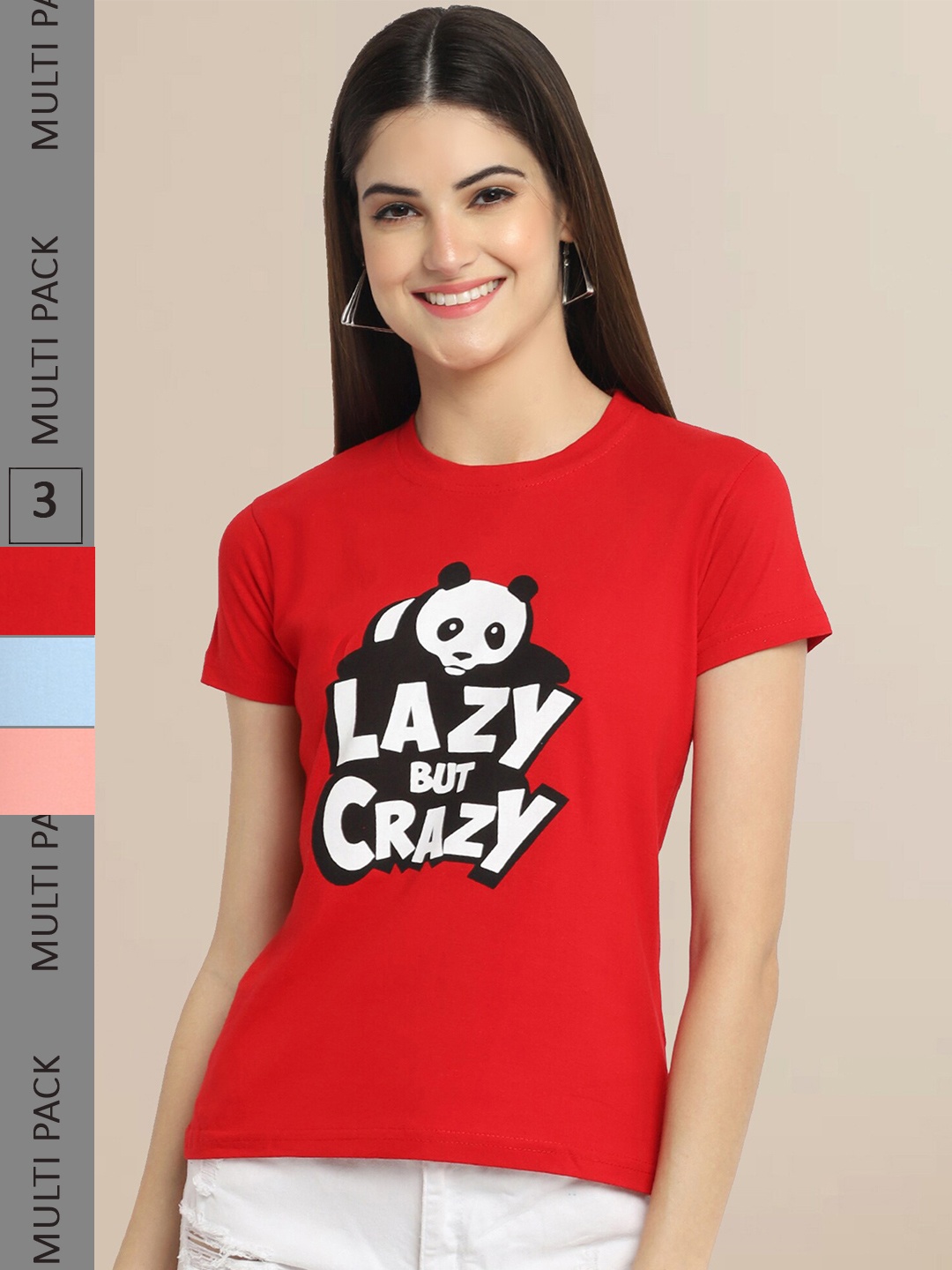 

Fabflee Pack Of 3 Women Typography Printed Cotton T-shirts, Red
