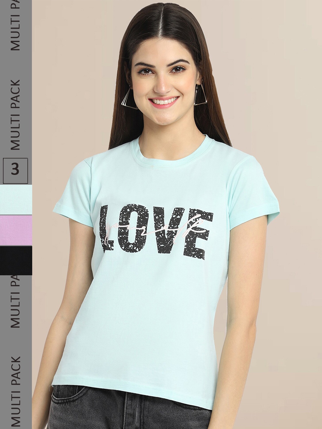 

Fabflee Pack Of 3 Women Typography Printed Cotton T-shirts, Sea green
