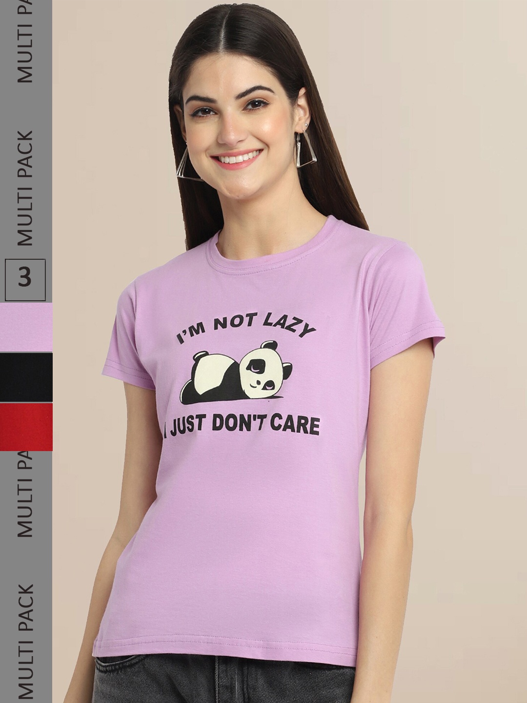 

Fabflee Pack Of 3 Women Typography Printed Cotton T-shirts, Violet