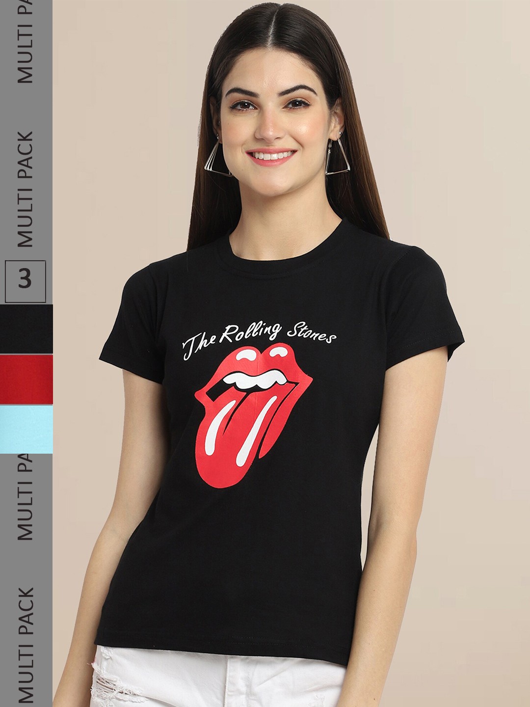 

Fabflee Pack Of 3 Women Black & Red Typography Printed Cotton T-shirts