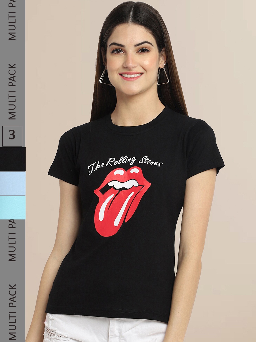 

Fabflee Pack Of 3 Women Typography Printed Cotton T-shirts, Black