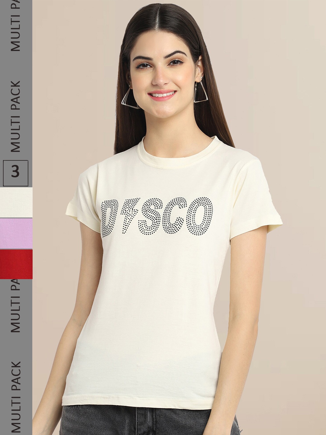 

Fabflee Pack Of 3 Women Typography Printed Cotton T-shirts, Beige