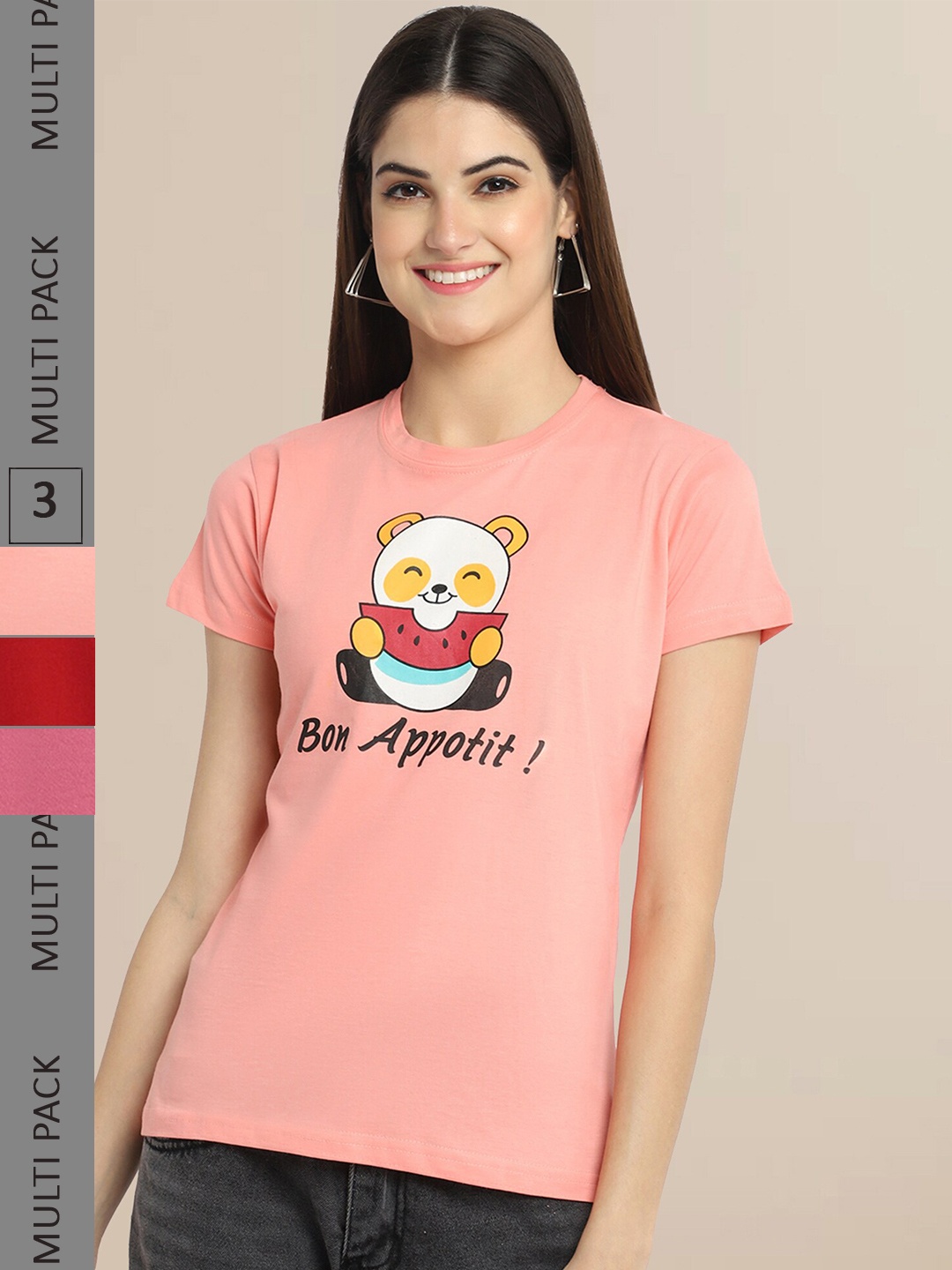 

Fabflee Pack Of 3 Women Typography Printed Cotton T-shirts, Peach