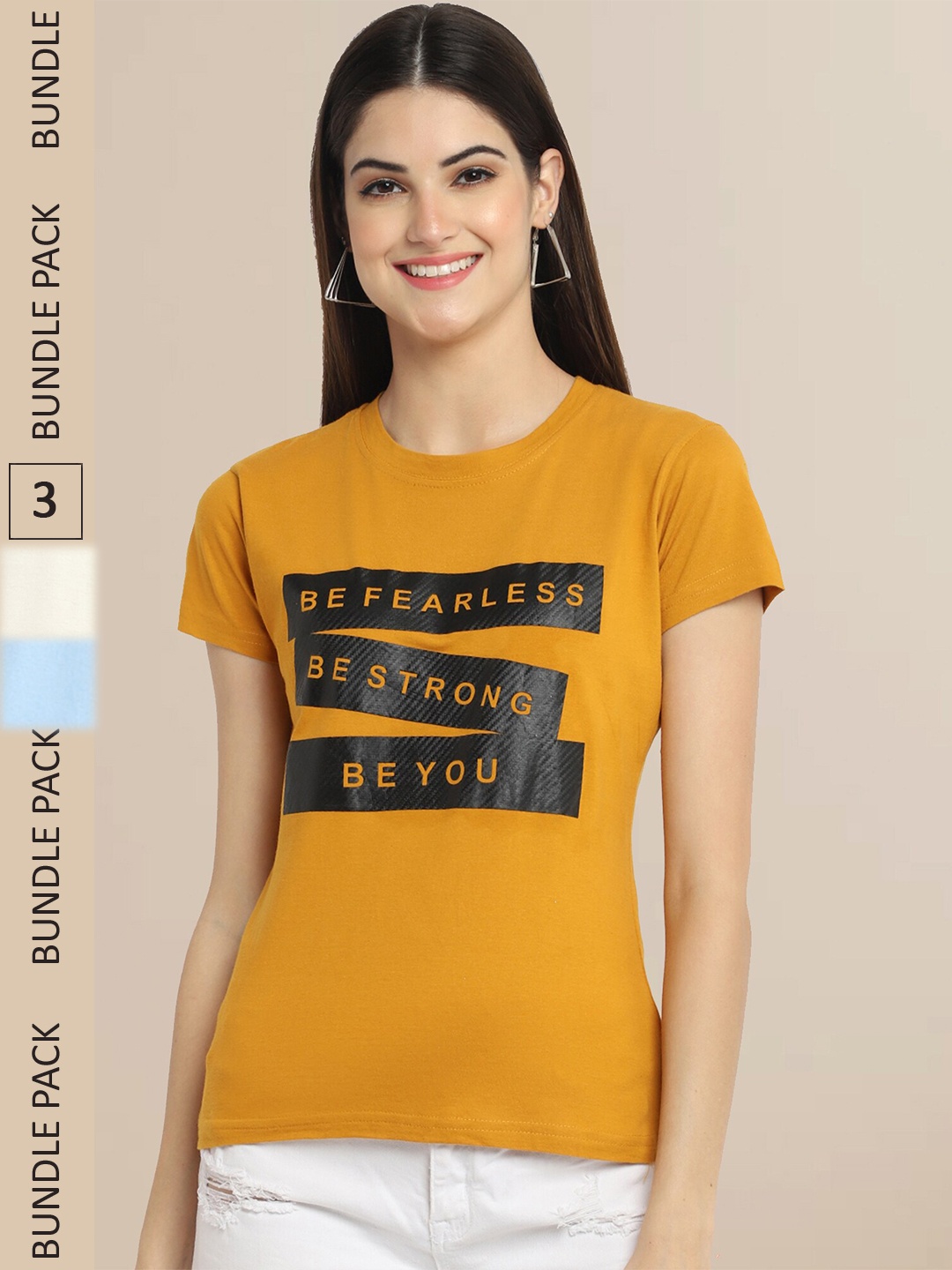 

Fabflee Mustard Yellow & Blue Pack Of 3 Typography Printed Cotton T-shirts
