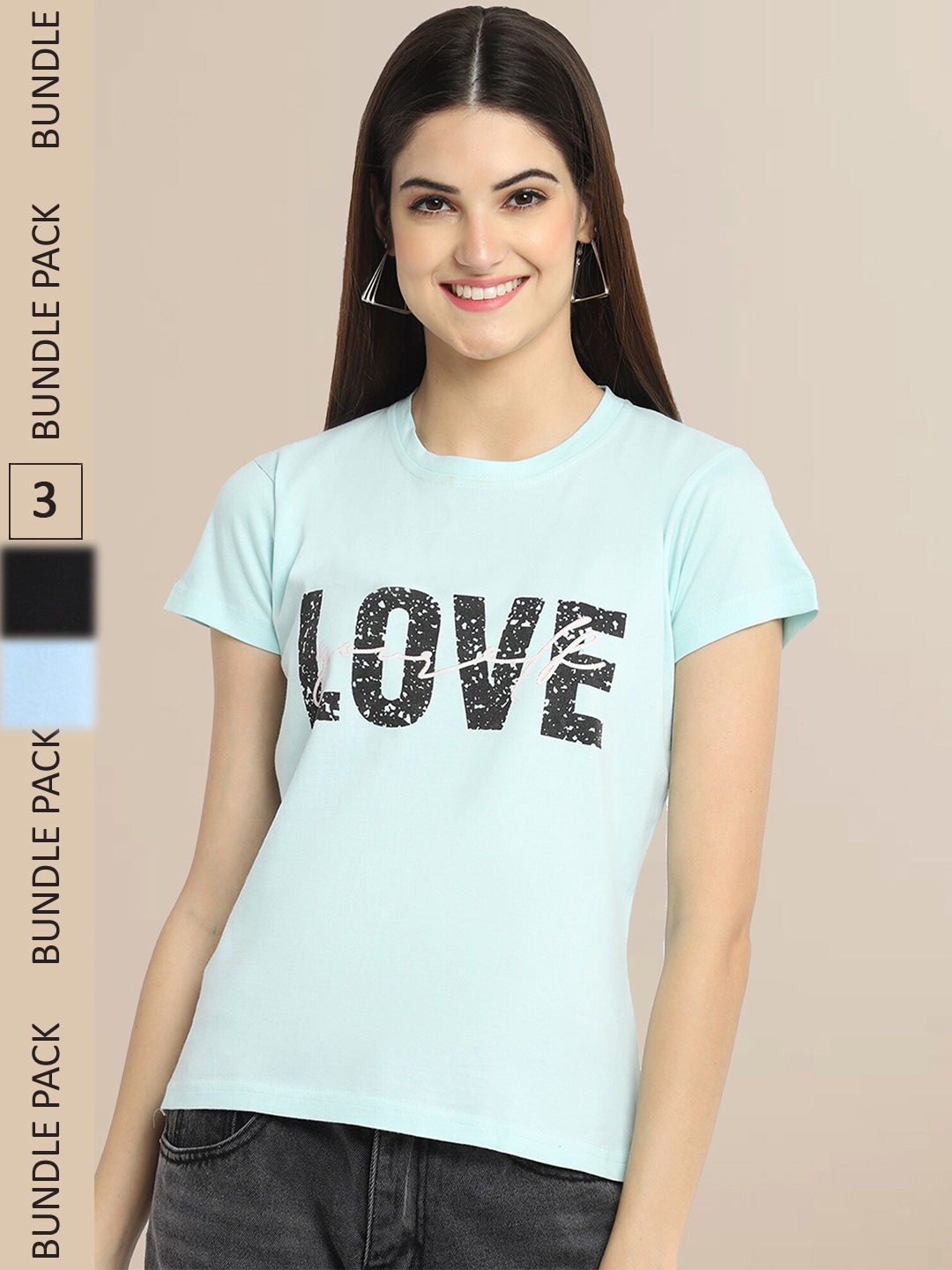 

Fabflee Women Sea Green & Blue Pack Of 3 Printed Cotton T-shirts
