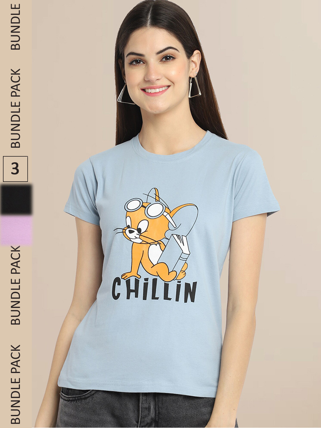 

Fabflee Blue & Lavender Pack Of 3 Printed Cotton T-shirts