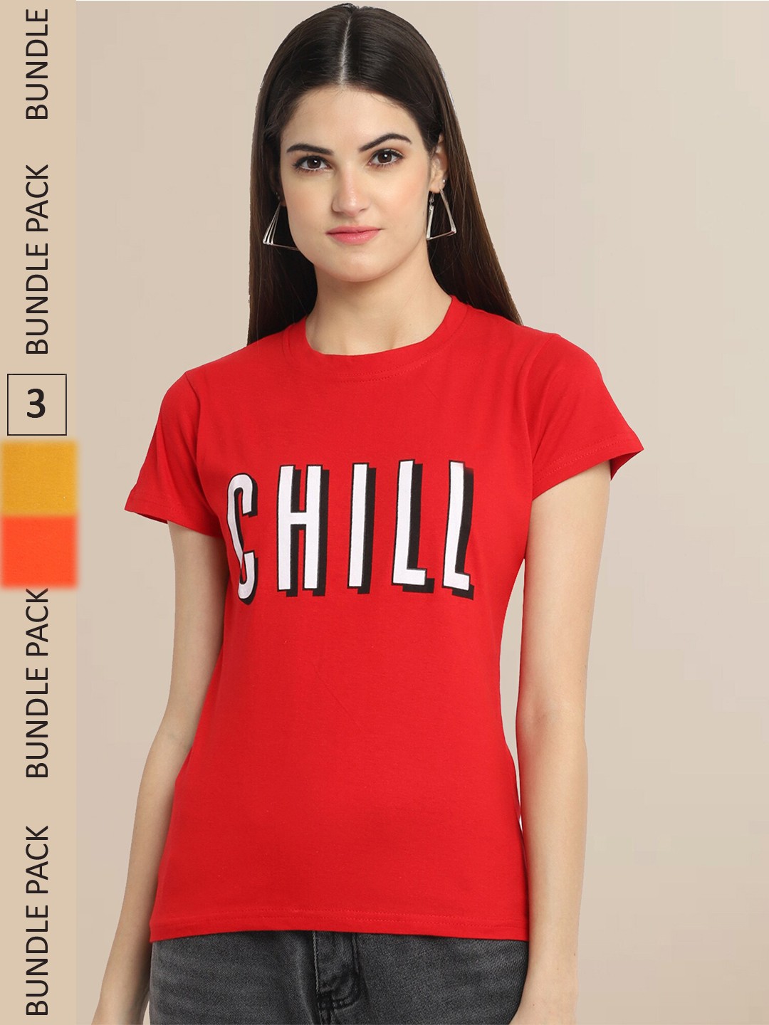 

Fabflee Red & Orange Pack Of 3 Typography Printed Cotton T-shirts