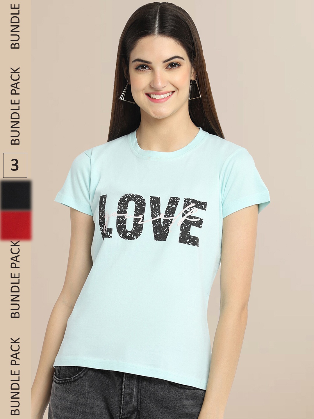 Fabflee Blue & Maroon Pack Of 3 Typography Printed Cotton T-shirts