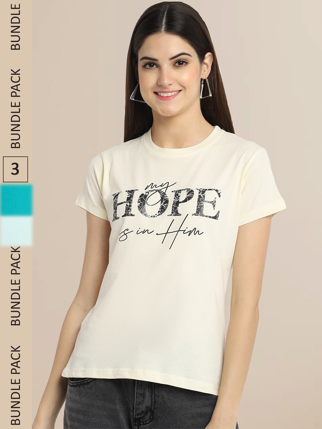 Fabflee Cream & Turquoise Blue Pack Of 3 Typography Printed Cotton T-shirts
