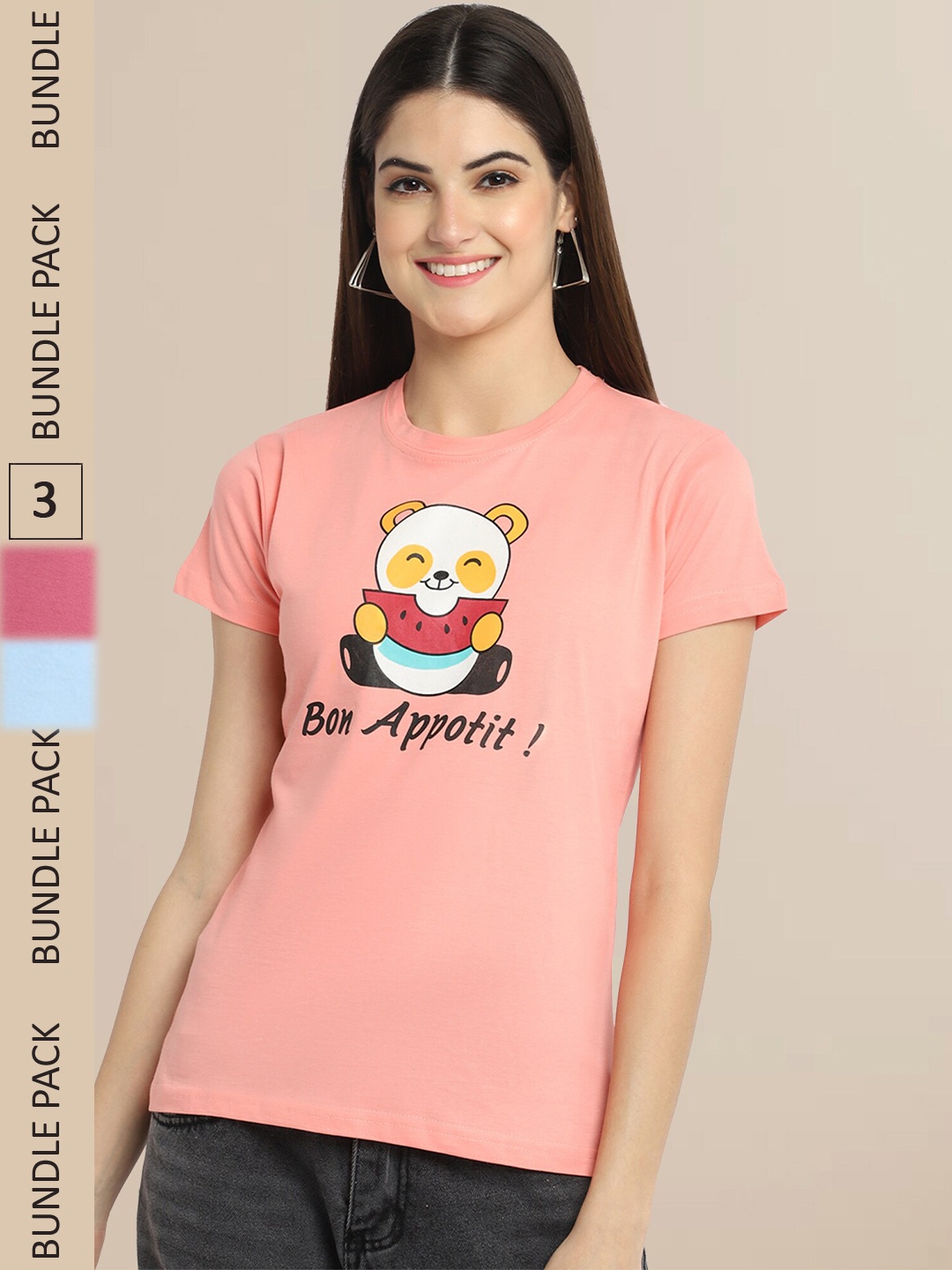 

Fabflee Coral & Blue Pack Of 3 Printed Cotton T-shirts