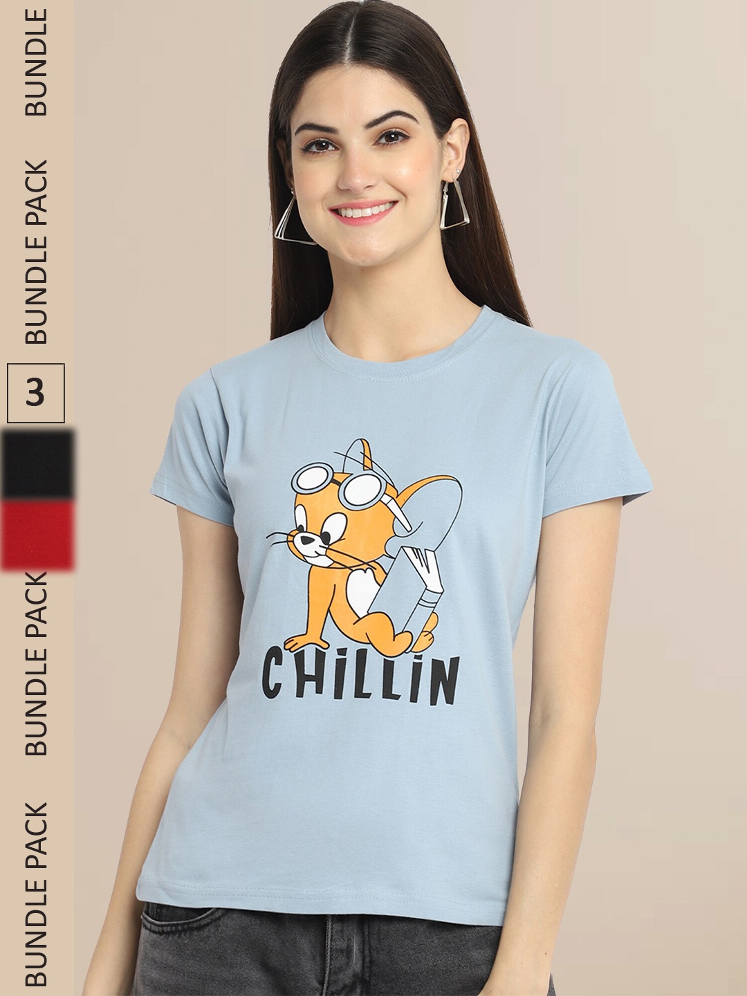 

Fabflee Women Pack Of 3 Tom & Jerry Printed Cotton T-shirts, Blue