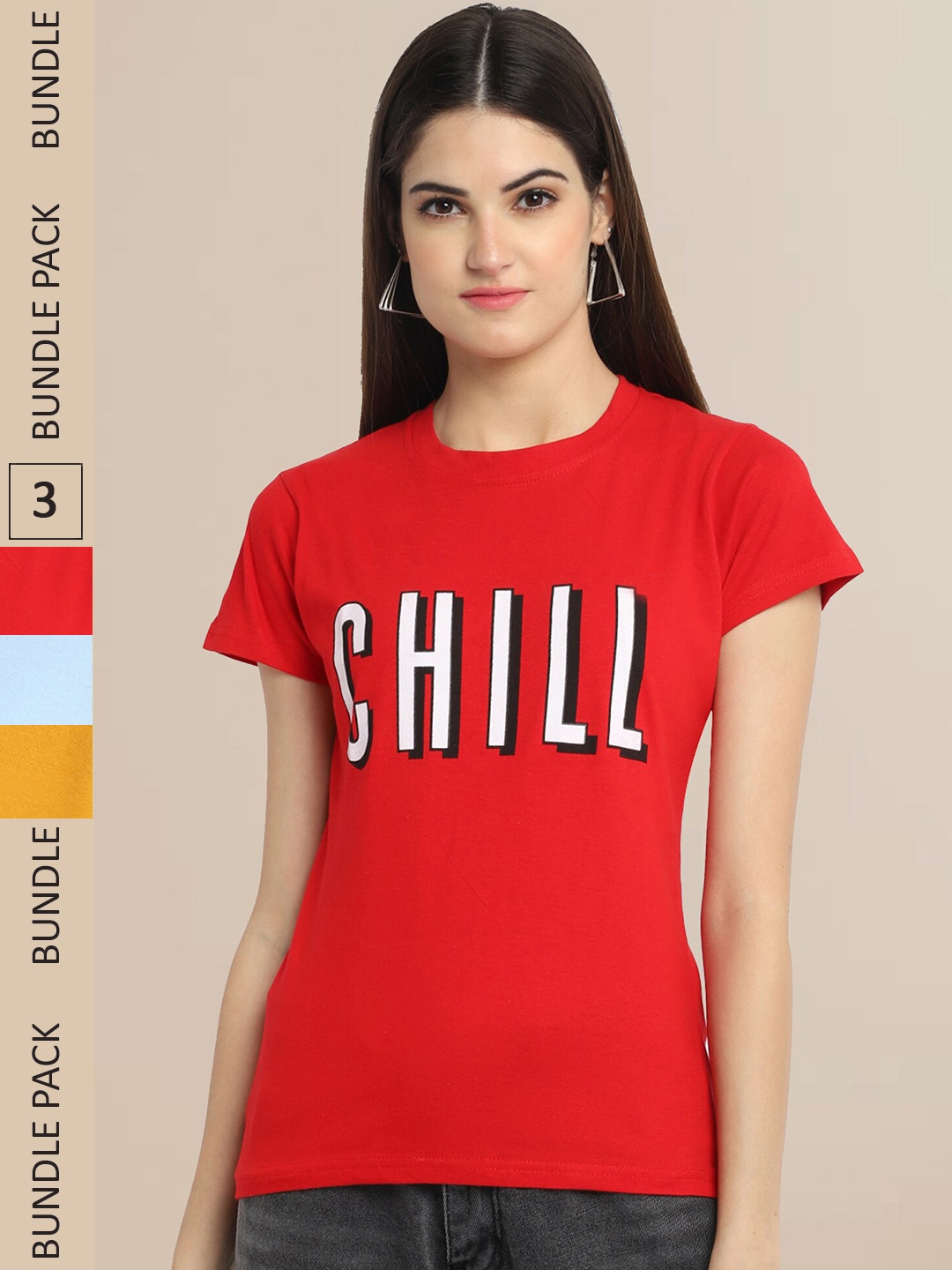 Fabflee Red & Mustard Yellow Pack Of 3 Typography Printed Cotton T-shirts