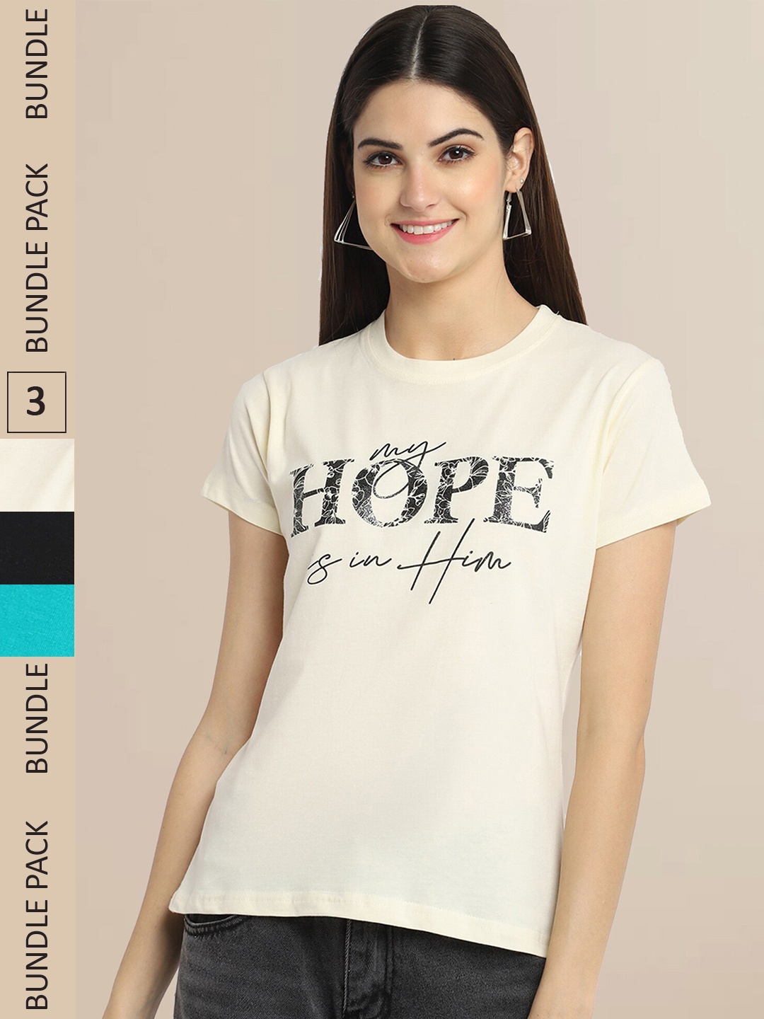 

Fabflee Pack Of 3 Printed Cotton T-shirt, Beige