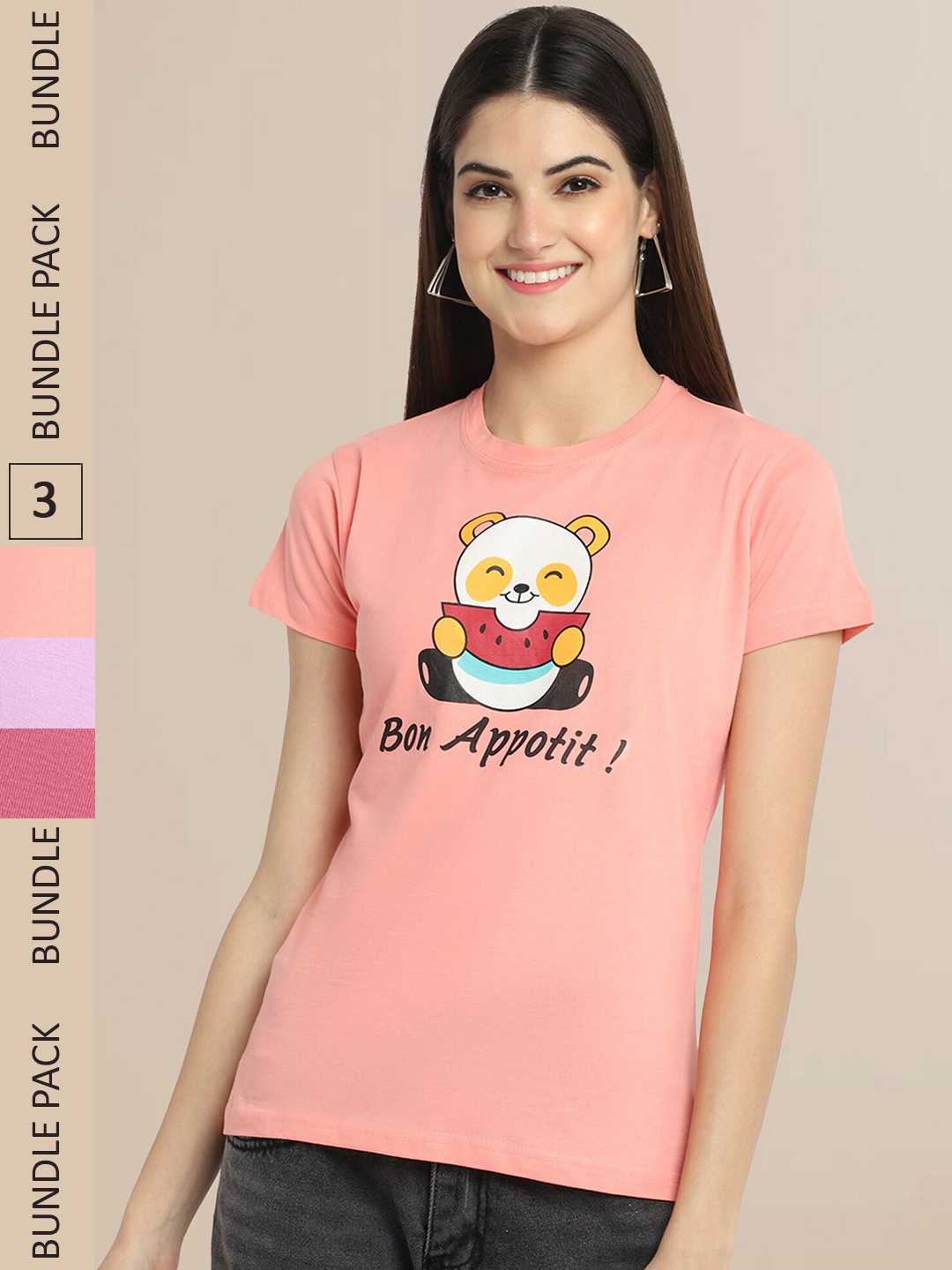 Fabflee Women Peach-Coloured & Lavender Pack of 3 T-shirt