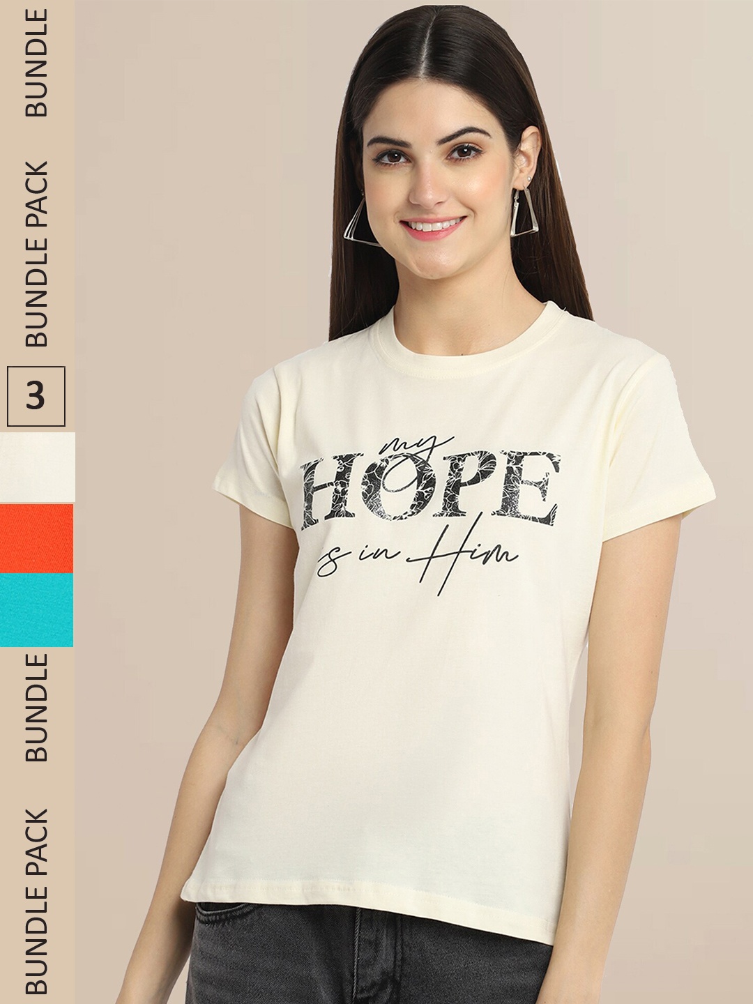 Fabflee Women Beige & Red Pack of 3 T-shirt