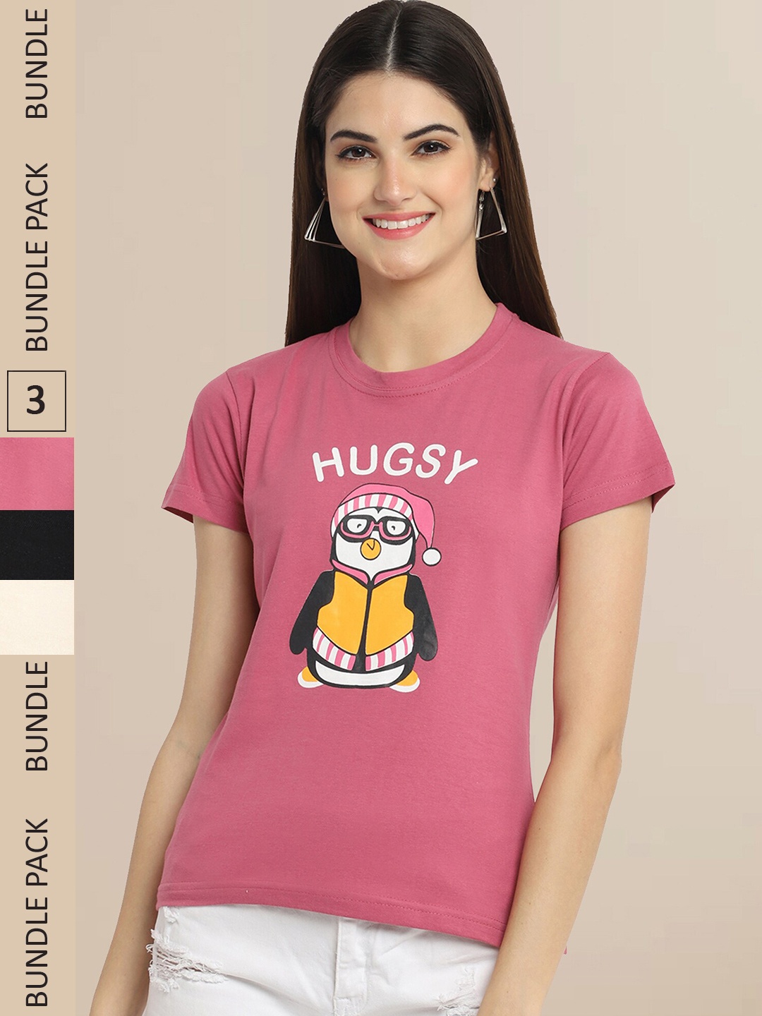 Fabflee Pack Of 3 Printed Cotton T-shirt, Pink