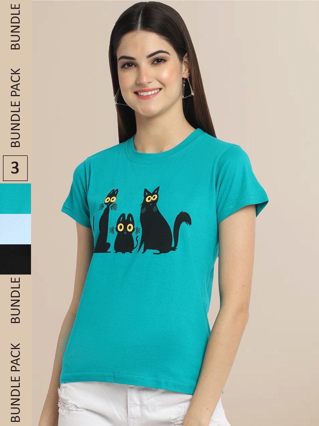 Fabflee Women Pack of 3 Cotton T-shirt, Teal