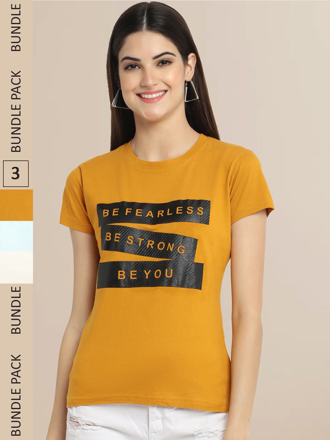 

Fabflee Women Pack of 3 Cotton T-shirt, Mustard