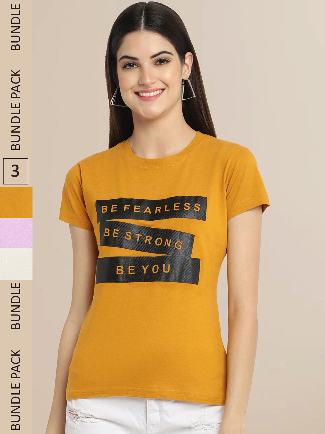 Fabflee Women Pack of 3 Cotton T-shirt, Mustard