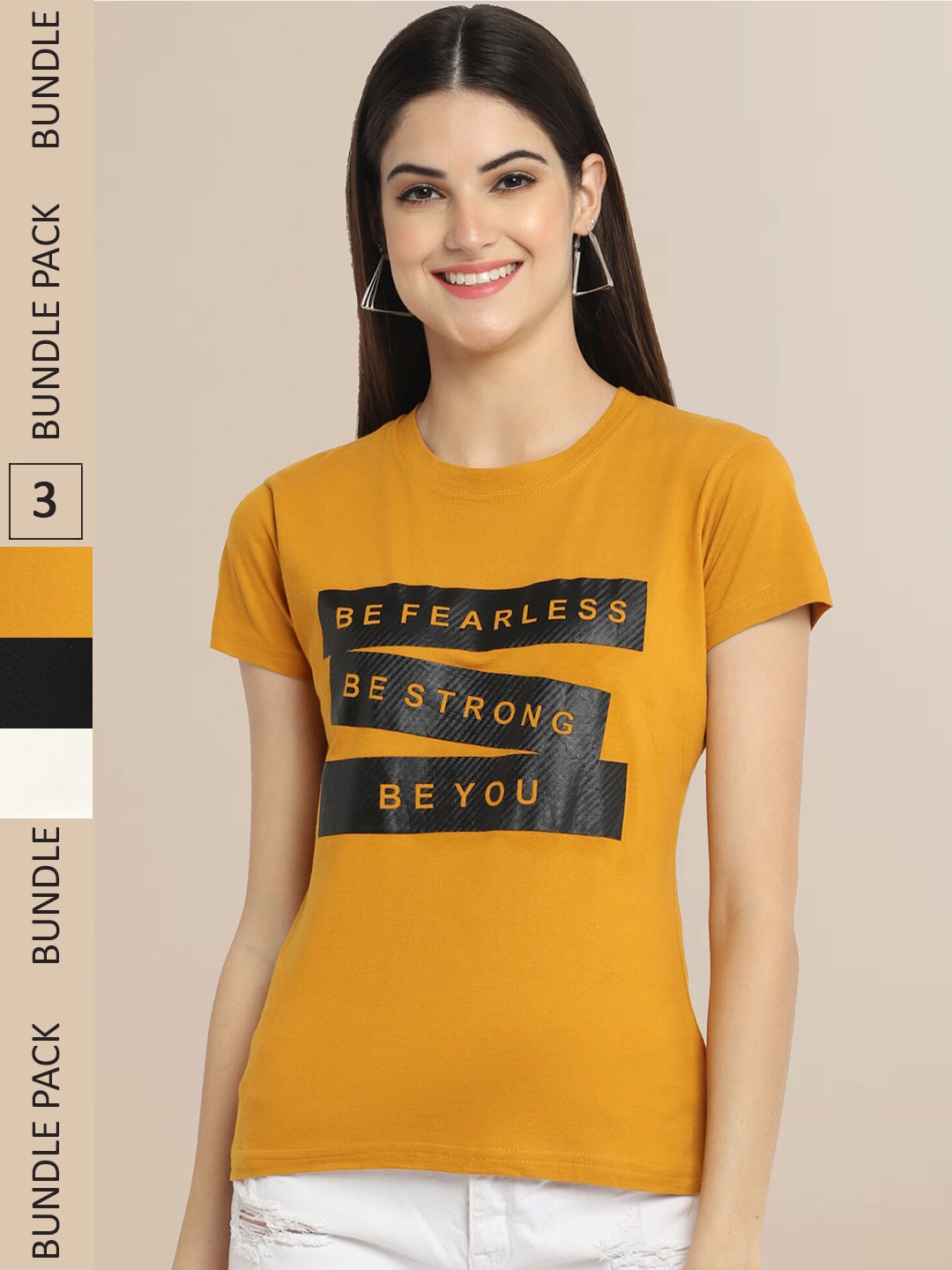 

Fabflee Women Pack of 3 Cotton T-shirt, Mustard